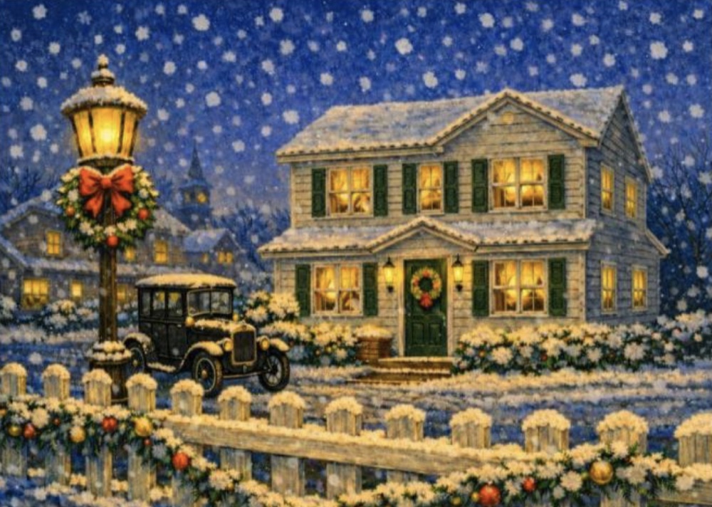 A snow-covered house glowing with warm light on a snowy Christmas night, with a lamppost and a vintage car out front — an interior illustration from The Jack Story.