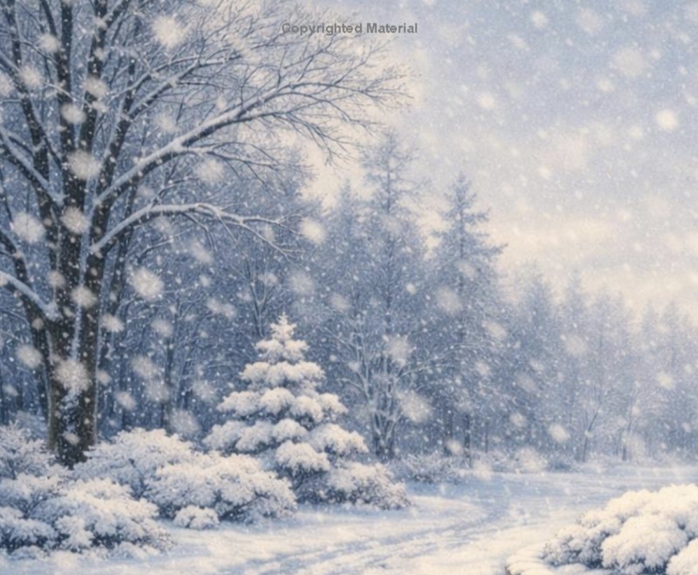 Snow falling softly over a quiet stand of winter trees — an interior illustration from The Jack Story.